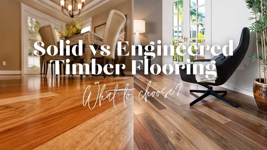 A wooden floor with text overlay comparing solid and engineered timber flooring, emphasizing key differences in appearance and construction.