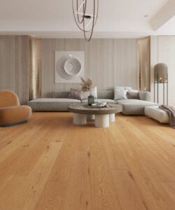 Spacious modern living room with natural oak timber flooring, a perfect choice for renovators seeking style and durability.